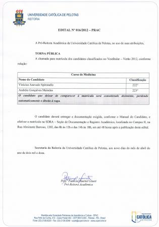 Edital convoca classificados em Medicina