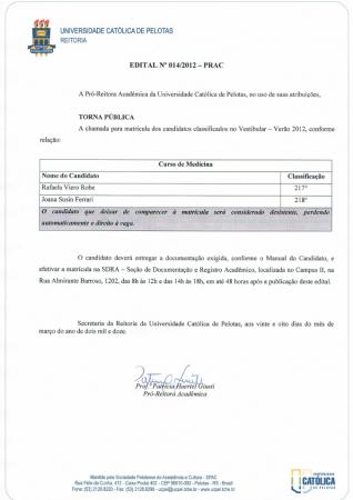 UCPel divulga Edital nº 014/2012 de classificação para Medicina